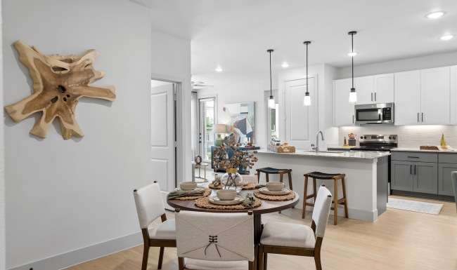Open concept kitchen overlooking dining area