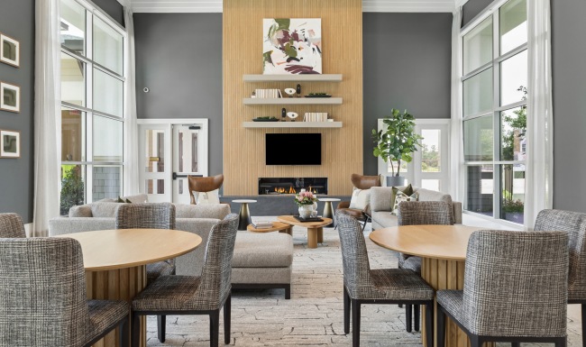 Open concept clubhouse with cozy furniture