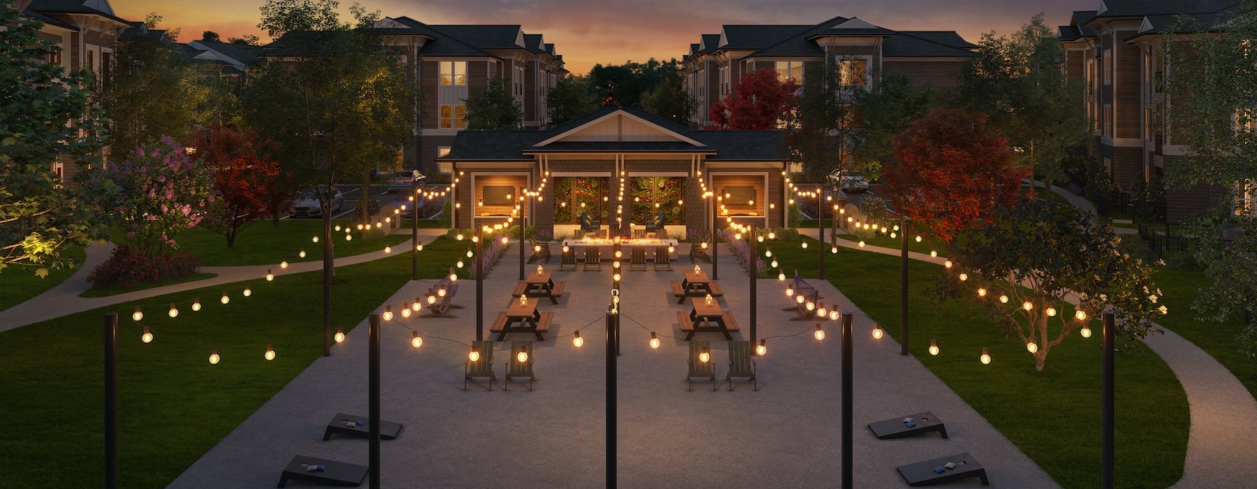 a courtyard with benches and trees